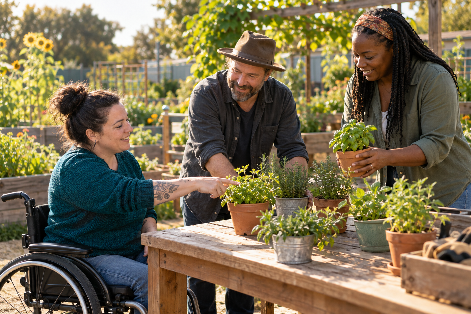 Adults sharing an afternoon of gardening at an outdoor table; illustrative image.